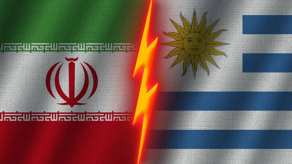 Uruguay ve İran Bayrakları Birlikte, Dalgalı Kumaş Doku Efekti, Neon Parıltısı Efekti, Parlayan Şimşek Simgesi, Kriz Konsepti, 3D İllüstrasyon