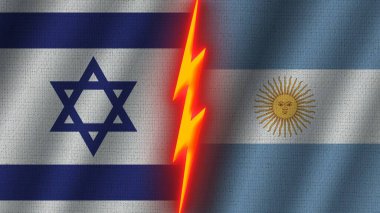 Arjantin ve İsrail Bayrakları Birlikte, Dalgalı Kumaş Doku Efekti, Neon Parıltısı Efekti, Parlayan Şimşek Simgesi, Kriz Konsepti, 3D İllüstrasyon