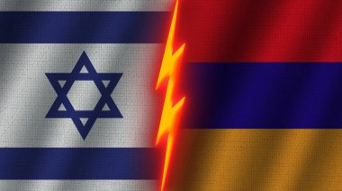 Ermenistan ve İsrail Bayrakları Birlikte, Dalgalı Kumaş Doku Efekti, Neon Parıltısı Efekti, Parlayan Şimşek Simgesi, Kriz Konsepti, 3D İllüstrasyon