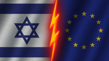 Avrupa Birliği ve İsrail Bayrakları Birlikte, Dalgalı Kumaş Doku Efekti, Neon Parıltısı Efekti, Parlayan Şimşek Simgesi, Kriz Konsepti, 3D İllüstrasyon