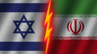 İran ve İsrail Bayrakları Birlikte, Dalgalı Kumaş Doku Efekti, Neon Parıltısı Efekti, Parlayan Şimşek Simgesi, Kriz Konsepti, 3D İllüstrasyon