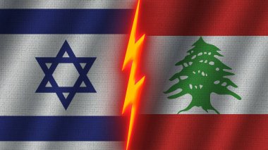 Lübnan ve İsrail Bayrakları Birlikte, Dalgalı Kumaş Doku Efekti, Neon Parıltısı Efekti, Parlayan Şimşek Simgesi, Kriz Konsepti, 3D İllüstrasyon
