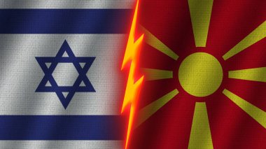 Makedonya ve İsrail Bayrakları Birlikte, Dalgalı Kumaş Doku Efekti, Neon Parıltısı Efekti, Parlayan Şimşek Simgesi, Kriz Konsepti, 3D İllüstrasyon