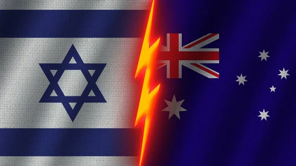 Australia Israel Flags Together Wavy Fabric Texture Effect Neon Glow — Stockfoto