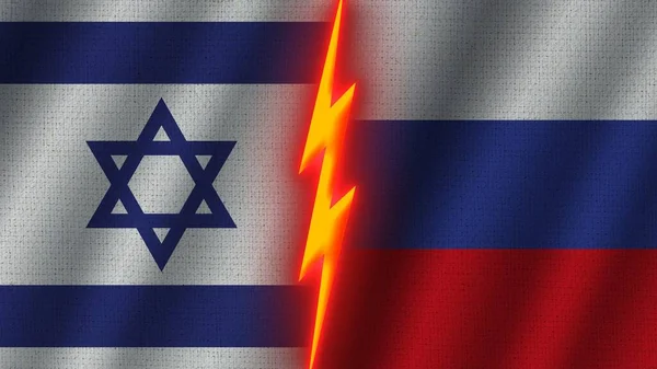 Russia and Israel Flags Together, Wavy Fabric Texture Effect, Neon Glow Effect, Shining Thunder Icon, Crisis Concept, 3D Illustration