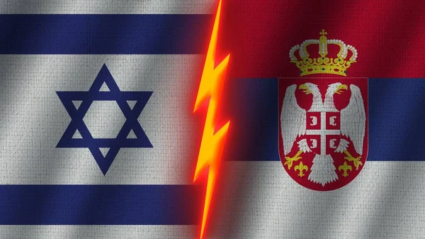 Serbia Israel Flags Together Wavy Fabric Texture Effect Neon Glow — стокове фото