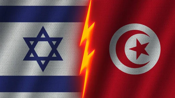 Tunisia and Israel Flags Together, Wavy Fabric Texture Effect, Neon Glow Effect, Shining Thunder Icon, Crisis Concept, 3D Illustration