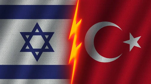 Türkiye ve İsrail Bayrakları Birlikte, Dalgalı Kumaş Doku Efekti, Neon Parıltısı Efekti, Parlayan Şimşek Simgesi, Kriz Konsepti, 3D İllüstrasyon