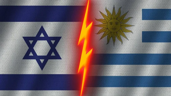 Uruguay Israel Flags Together Wavy Fabric Texture Effect Neon Glow — Φωτογραφία Αρχείου