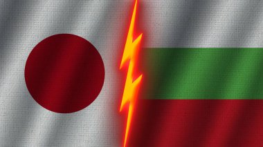 Bulgaristan ve İsrail Bayrakları Birlikte, Dalgalı Kumaş Doku Efekti, Neon Parıltısı Efekti, Parlayan Şimşek Simgesi, Kriz Konsepti, 3D İllüstrasyon