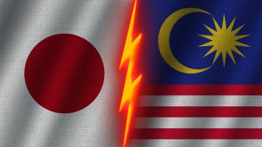 Malezya ve İsrail Bayrakları Birlikte, Dalgalı Kumaş Doku Efekti, Neon Parıltısı Efekti, Parlayan Şimşek Simgesi, Kriz Konsepti, 3D İllüstrasyon