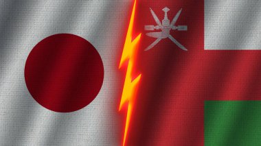 Umman ve İsrail Bayrakları Birlikte, Dalgalı Kumaş Doku Efekti, Neon Parıltısı Efekti, Parlayan Şimşek Simgesi, Kriz Konsepti, 3D İllüstrasyon