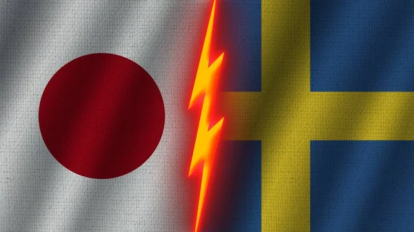 Sweden Israel Flags Together Wavy Fabric Texture Effect Neon Glow — Stock Photo, Image