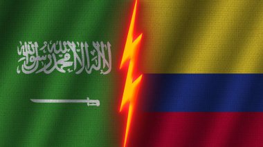 Kolombiya ve Suudi Arabistan Bayrakları, Dalgalı Kumaş Doku Efekti, Neon Parıltısı Efekti, Parlayan Şimşek Simgesi, Kriz Kavramı, 3D İllüstrasyon