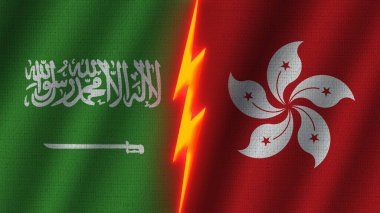 Hong Kong ve Suudi Arabistan Bayrakları Birlikte, Dalgalı Kumaş Doku Efekti, Neon Parıltısı Efekti, Parlayan Şimşek Simgesi, Kriz Kavramı, 3D İllüstrasyon