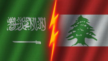Lübnan ve Suudi Arabistan Bayrakları Birlikte, Dalgalı Kumaş Doku Efekti, Neon Parıltısı Efekti, Parlayan Şimşek Simgesi, Kriz Kavramı, 3D İllüstrasyon