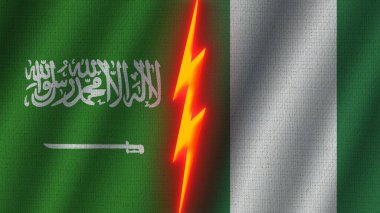 Nijerya ve Suudi Arabistan Bayrakları Birlikte, Dalgalı Kumaş Doku Efekti, Neon Parıltısı Efekti, Parlayan Şimşek Simgesi, Kriz Kavramı, 3D İllüstrasyon