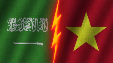 Vietnam ve Suudi Arabistan Bayrakları Birlikte, Dalgalı Kumaş Doku Efekti, Neon Parıltısı Efekti, Parlayan Şimşek Simgesi, Kriz Konsepti, 3D İllüstrasyon