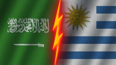 Uruguay ve Suudi Arabistan Bayrakları Birlikte, Dalgalı Kumaş Doku Efekti, Neon Parıltısı Efekti, Parlayan Şimşek Simgesi, Kriz Kavramı, 3D İllüstrasyon