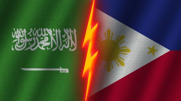 フィリピンとサウジアラビアの国旗一緒に 波織物テクスチャ効果 ネオングロー効果 輝く雷アイコン 危機の概念 3Dイラスト — ストック写真