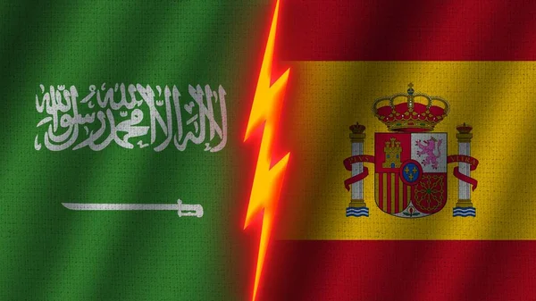 Spanyolország Szaúd Arábia Zászlók Együtt Hullámos Szövet Textúra Hatás Neon — Stock Fotó