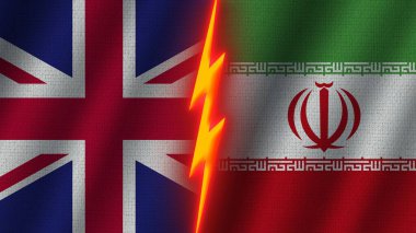 İran ve Birleşik Krallık Bayrakları, Dalgalı Kumaş Doku Efekti, Neon Parıltısı Efekti, Parlayan Şimşek Simgesi, Kriz Konsepti, 3D İllüstrasyon