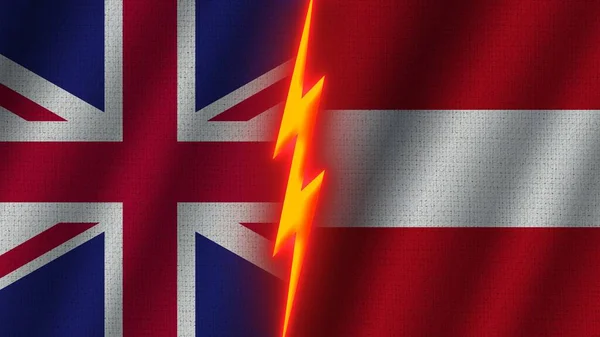 Austria United Kingdom Flags Together Wavy Fabric Texture Effect Neon — Stock Photo, Image