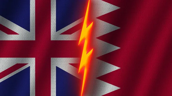 Bahrain United Kingdom Flags Together Wavy Fabric Texture Effect Neon — стокове фото
