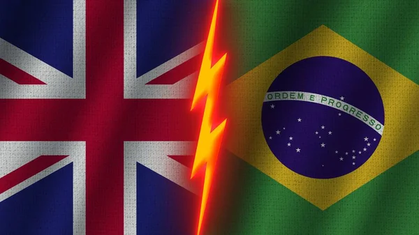 Brazil and United Kingdom Flags Together, Wavy Fabric Texture Effect, Neon Glow Effect, Shining Thunder Icon, Crisis Concept, 3D Illustration