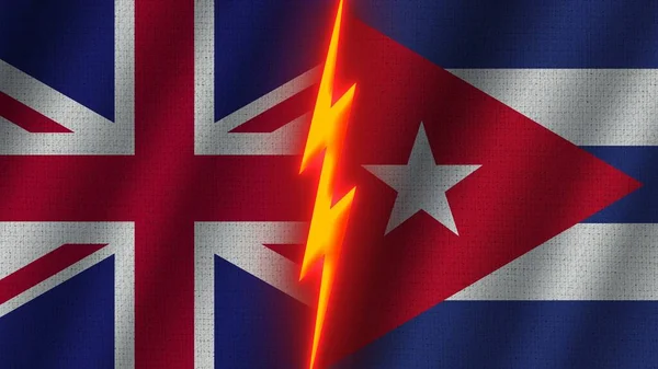Kuba Und Großbritannien Flaggen Zusammen Wellengewebe Textur Effekt Neon Glow — Stockfoto