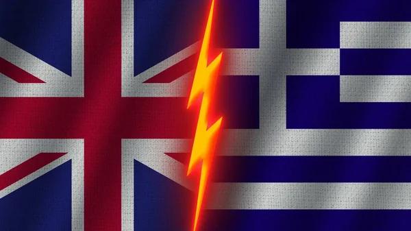 Greece United Kingdom Flags Together Wavy Fabric Texture Effect Neon — Φωτογραφία Αρχείου