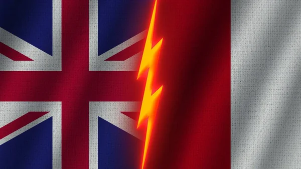 Peru United Kingdom Flags Together Wavy Fabric Texture Effect Neon — Stock Photo, Image