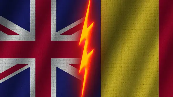 Romania United Kingdom Flags Together Wavy Fabric Texture Effect Neon — стокове фото