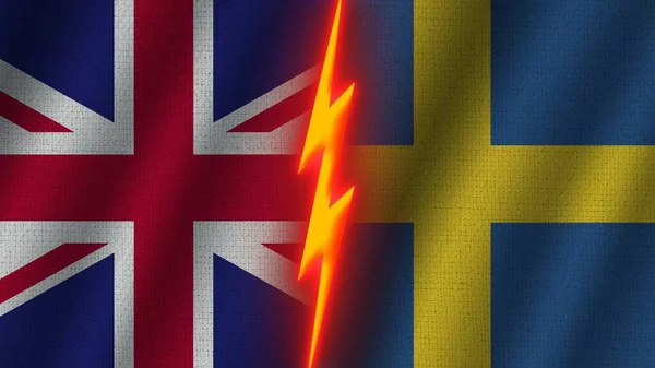 スウェーデンと英国の国旗一緒に 波織物テクスチャ効果 ネオングロー効果 輝く雷アイコン 危機の概念 3Dイラスト — ストック写真