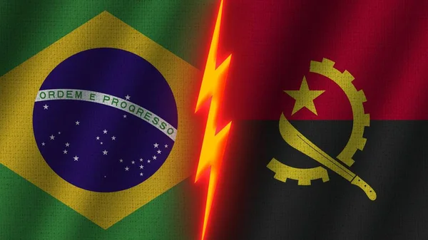 Angola Brezilya Bayrakları Birlikte Dalgalı Kumaş Doku Efekti Neon Parıltısı — Stok fotoğraf