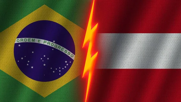 Austria and Brazil Flags Together, Wavy Fabric Texture Effect, Neon Glow Effect, Shining Thunder Icon, Crisis Concept, 3D Illustration