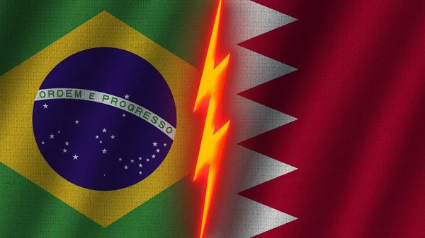 Bahrain and Brazil Flags Together, Wavy Fabric Texture Effect, Neon Glow Effect, Shining Thunder Icon, Crisis Concept, 3D Illustration