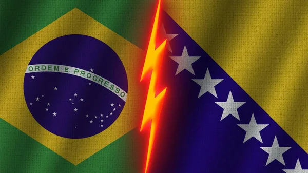 Bosnia and Herzegovina and Brazil Flags Together, Wavy Fabric Texture Effect, Neon Glow Effect, Shining Thunder Icon, Crisis Concept, 3D Illustration