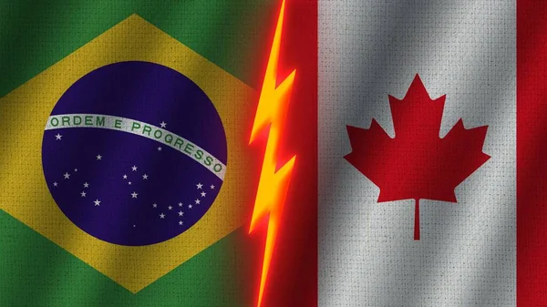 加拿大和巴西国旗在一起 瓦伊织物纹理效果 霓虹灯效果 闪光雷声图标 危机概念 3D插图 — 图库照片