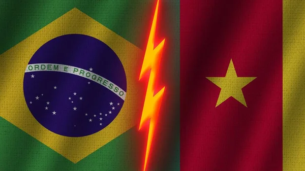 Cameroon and Brazil Flags Together, Wavy Fabric Texture Effect, Neon Glow Effect, Shining Thunder Icon, Crisis Concept, 3D Illustration