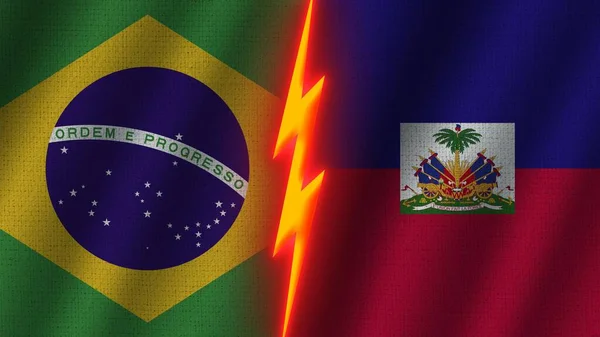 Haiti and Brazil Flags Together, Wavy Fabric Texture Effect, Neon Glow Effect, Shining Thunder Icon, Crisis Concept, 3D Illustration