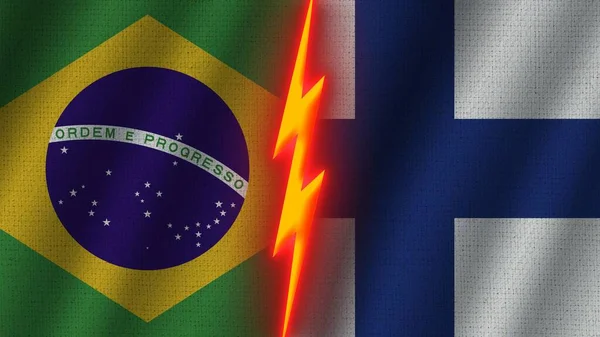 Finlandiya Brezilya Bayrakları Birlikte Dalgalı Kumaş Doku Efekti Neon Parıltısı — Stok fotoğraf