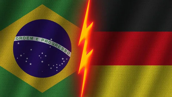 Duitsland Brazilië Vlaggen Samen Golvend Stof Textuur Effect Neon Gloeiend — Stockfoto