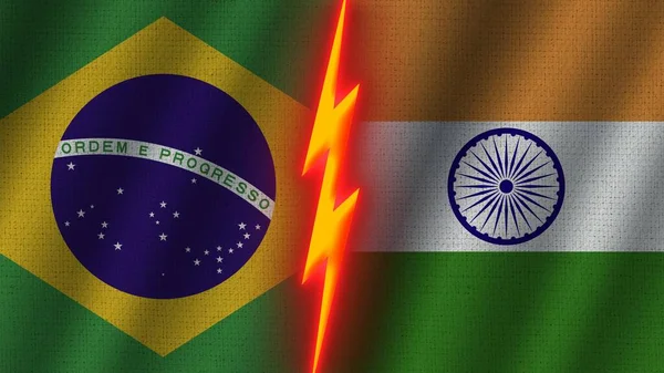 Hindistan Brezilya Bayrakları Birlikte Dalgalı Kumaş Doku Efekti Neon Parıltısı — Stok fotoğraf
