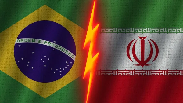 Iran and Brazil Flags Together, Wavy Fabric Texture Effect, Neon Glow Effect, Shining Thunder Icon, Crisis Concept, 3D Illustration