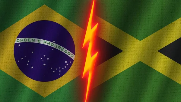 Jamaika Brezilya Bayrakları Birlikte Dalgalı Kumaş Doku Efekti Neon Parıltısı — Stok fotoğraf