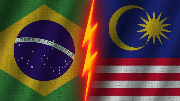 Malaysia and Brazil Flags Together, Wavy Fabric Texture Effect, Neon Glow Effect, Shining Thunder Icon, Crisis Concept, 3D Illustration