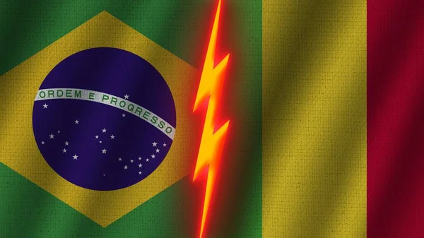 Mali Brazil Flags Together Wavy Fabric Texture Effect Neon Glow — стокове фото