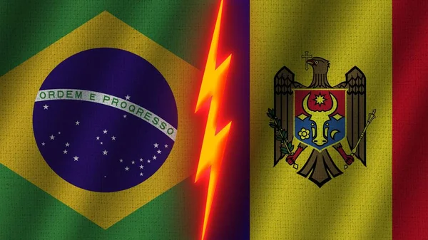 Moldavië Brazilië Vlaggen Samen Golvend Stof Textuur Effect Neon Gloeiend — Stockfoto