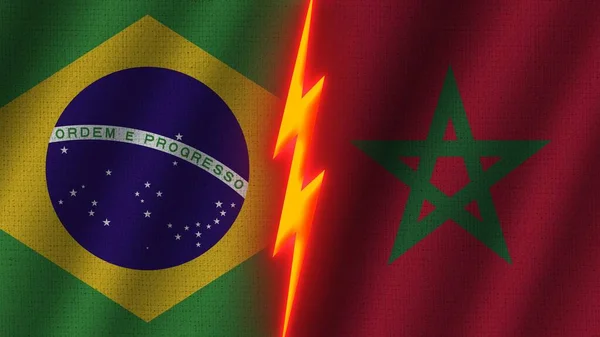 Morocco and Brazil Flags Together, Wavy Fabric Texture Effect, Neon Glow Effect, Shining Thunder Icon, Crisis Concept, 3D Illustration